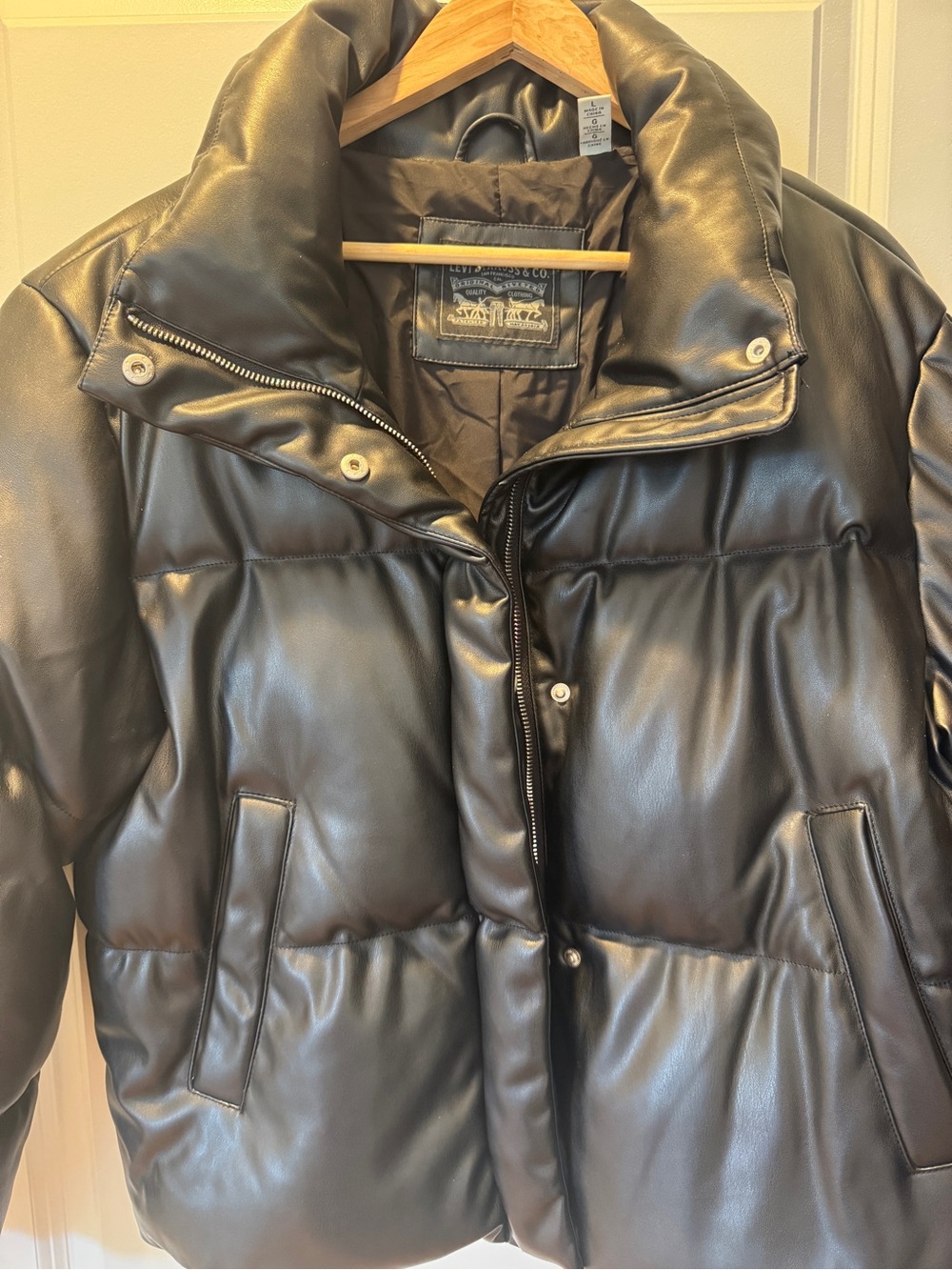 LEVI Black Faux Leather Puffer Jacket - Women - Picture 2 of 7